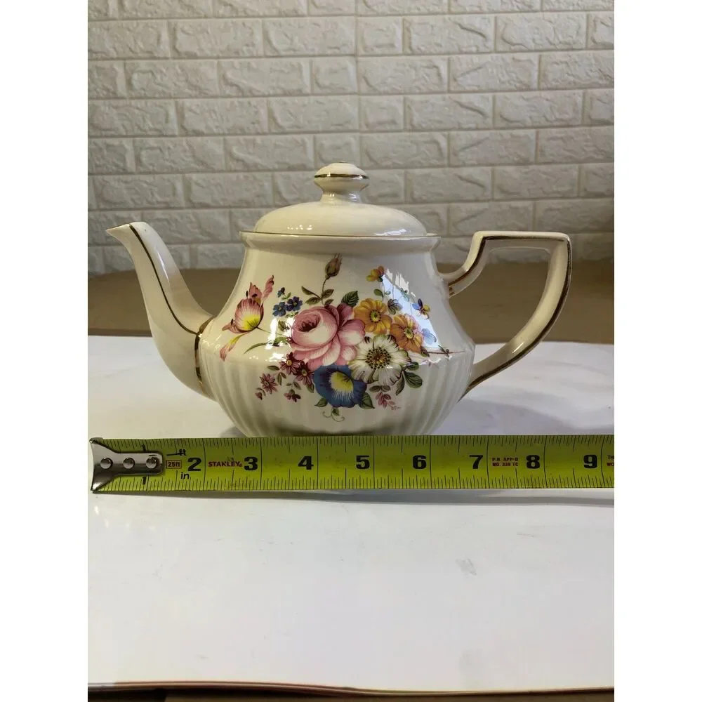 Vtg 50s Sadler England Ribbed Teapot Cream Floral Bouquet Gold Trim MCM #3771 6